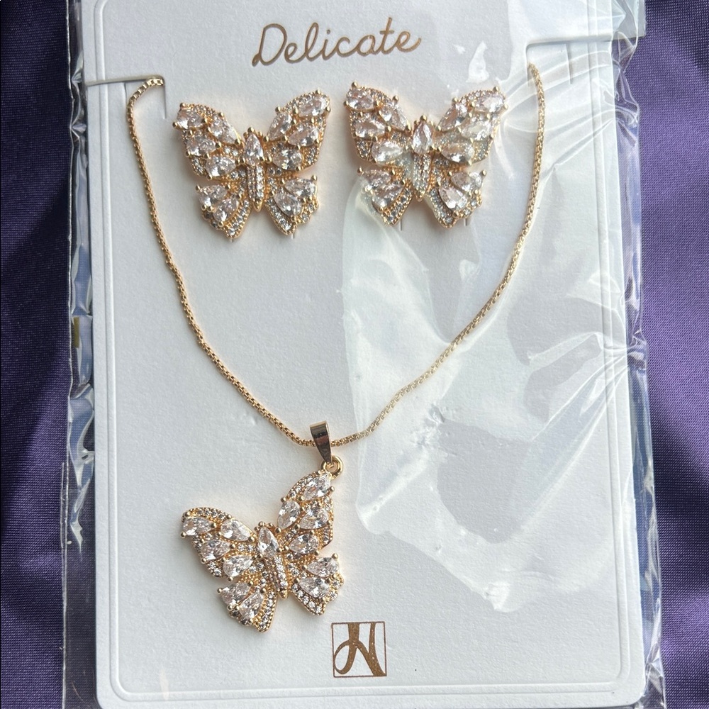 Delicate Gold Butterfly Necklace & Earring Set - Sparkling Crystal Accent